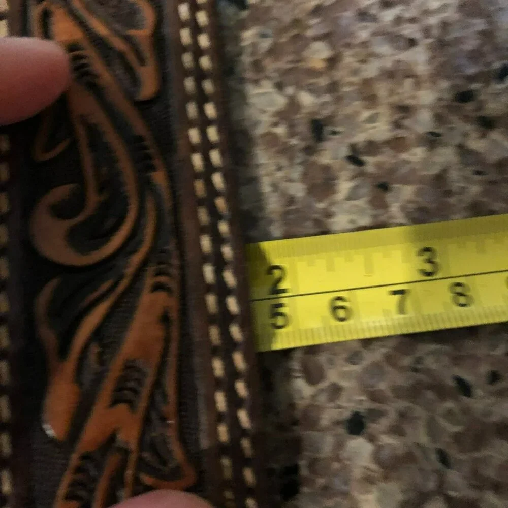 Vintage Big John Belt Tooled Full Grain Brown Saddle Leather Brass Buckle Sz 36